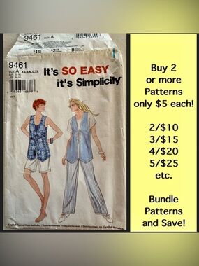 Simplicity 9461 Pants Shorts Vest Uncut Sewing Pattern (Misses XS S M L XL)